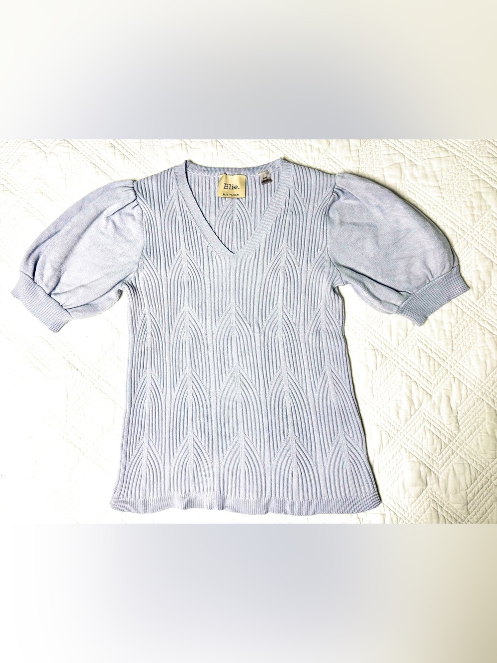 Elie Tahari Lavender Puff Sleeve Ribbed V‑Neck Summer Sweater Size Medium